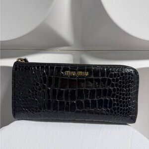 Miu Miu Deep Purple Croc-Embossed Zip-Around Wallet in Eggplant with Gold Logo